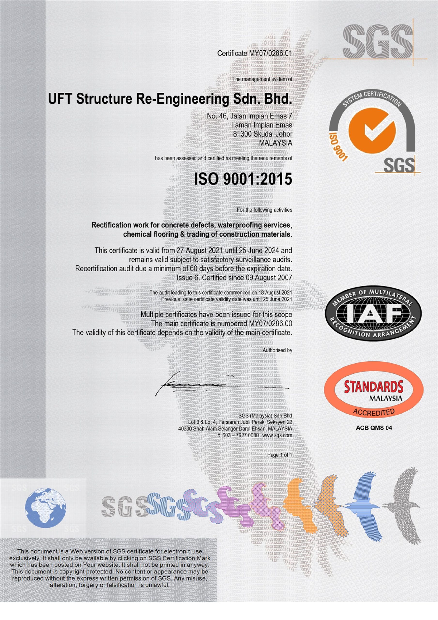 Certificate of ISO UFT Standards Malaysia