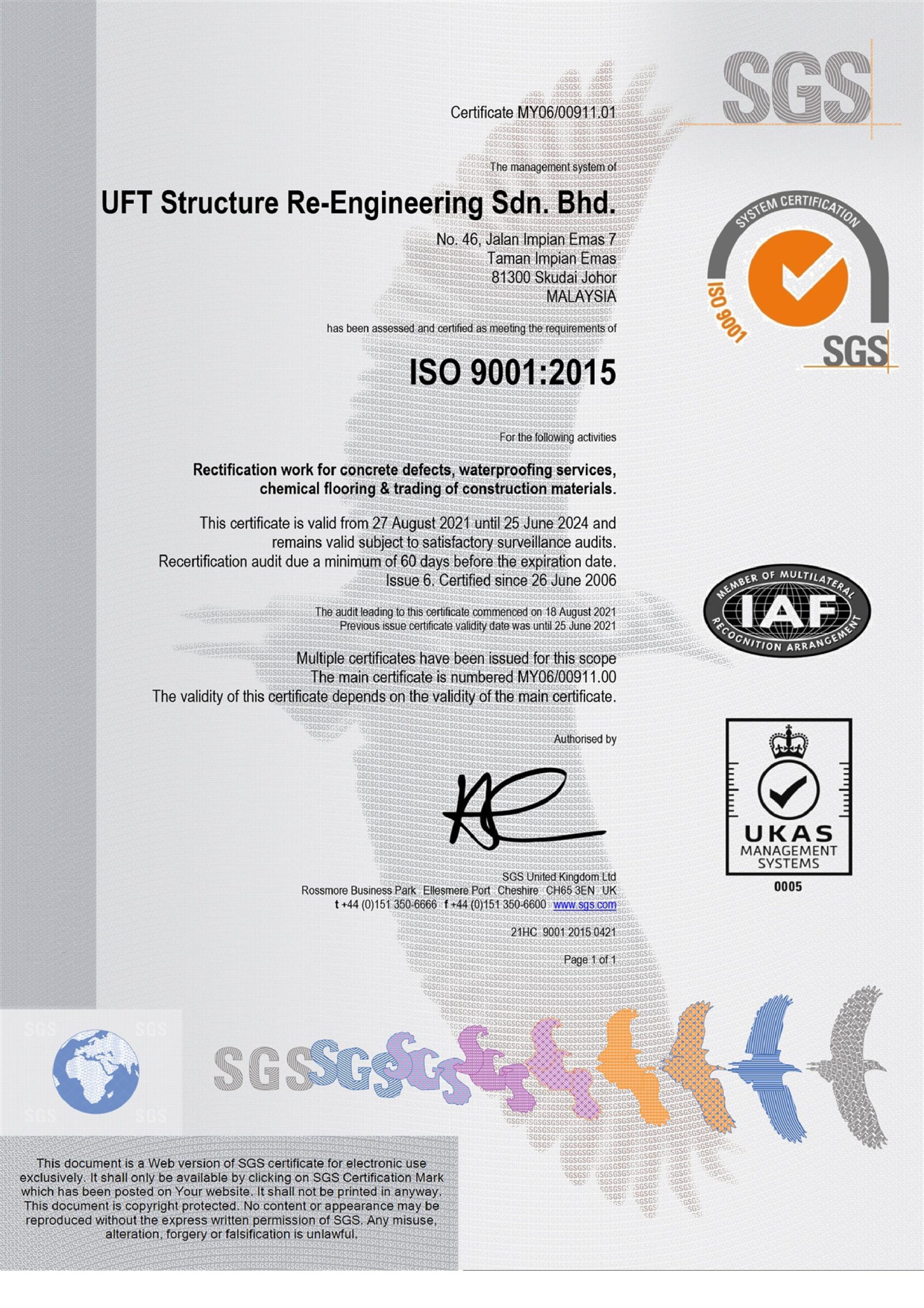 Certificate of ISO UFT UKAS